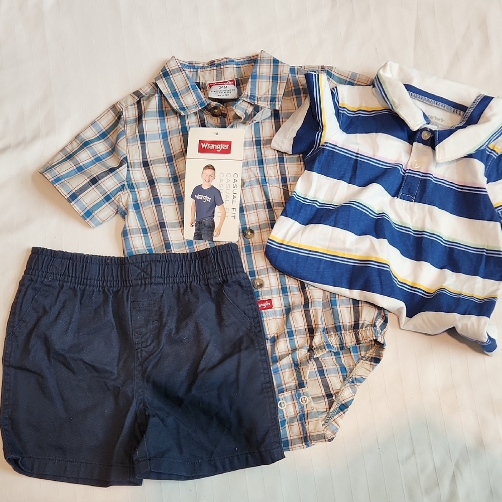 Wrangler Blue Plaid Bodysuit  Blue & White Striped Polo and Navy Shorts Sz 24m